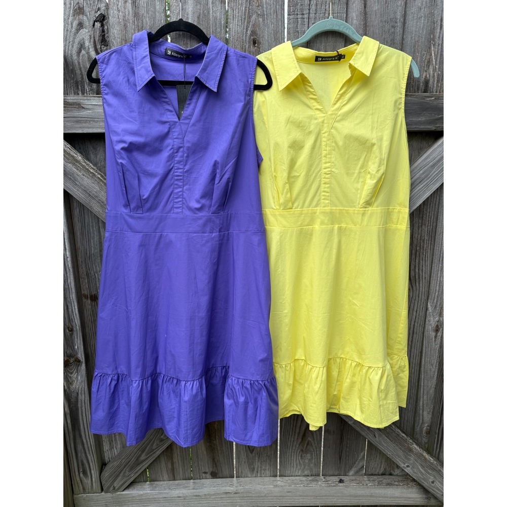 NWT Allegra K Womens XL Sleeveless Cotton Ruffle Hem Dress Purple‎ Yellow 2 Pack